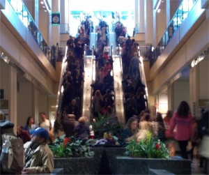 Writers on escalator